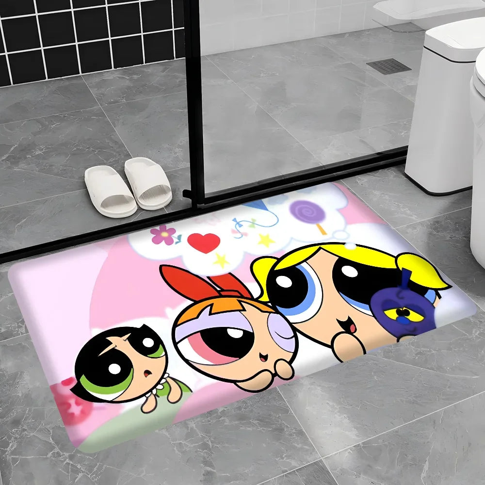 Cute Powerpuffs-Girls Classic Anime Long Rugs Nordic Style Home Doormat Bathroom-Toilet Mats Bedroom Bedside Area Rugs