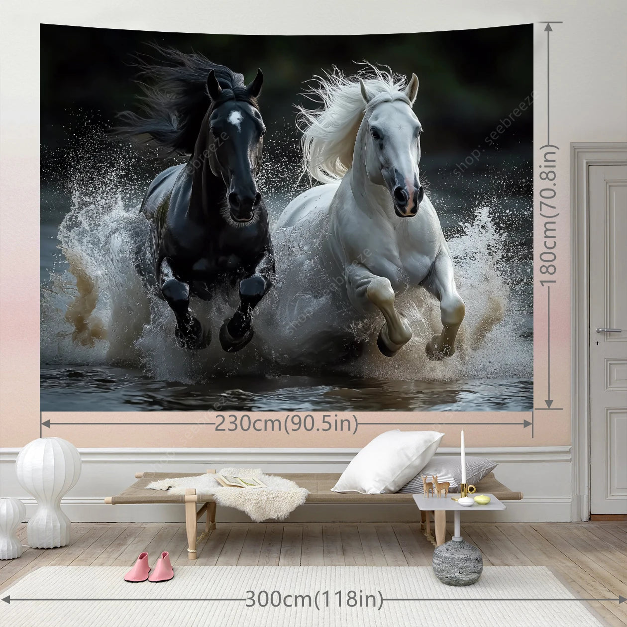 Majestic Black and White Horse Tapestry Elegant Equine Wall Art for Living Room Bedroom Decor Modern Boho Style Home Design