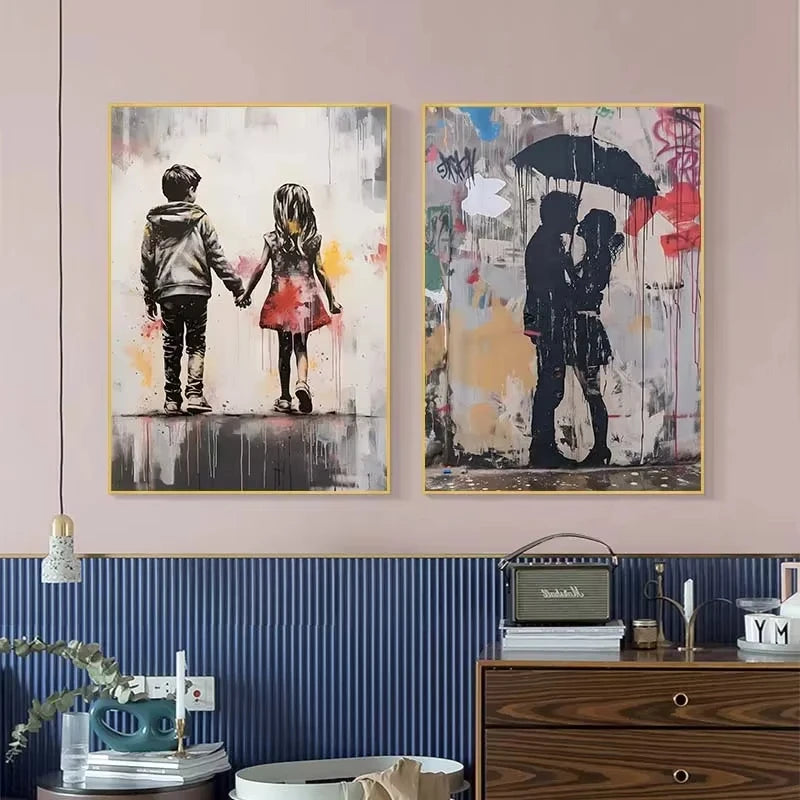 A Banksy Graffiti Boy Girl with Balloon on Canvas Posters Prints Pop Street Wall Art Painting for Living Room Home Decor Cuadros