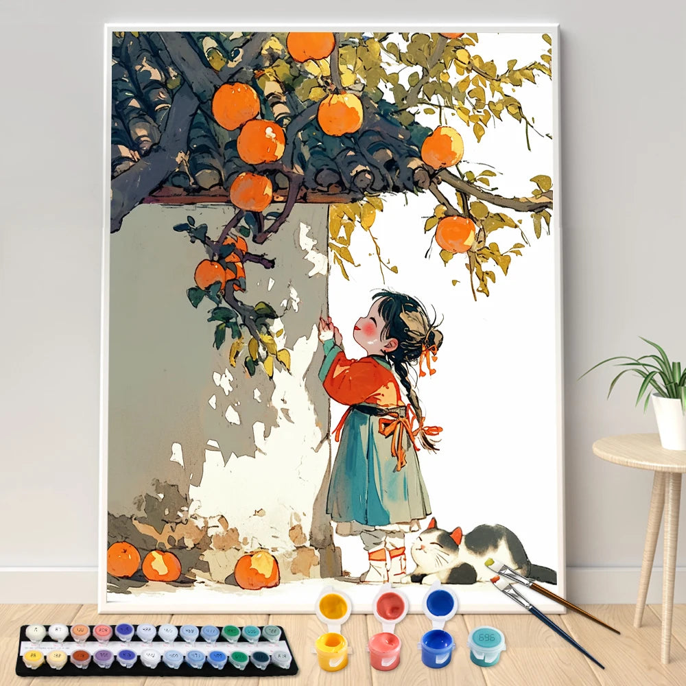 Hand Painting Little Girl Under The Persimmon Tree Landscape Painting By Numbers Kit DIY Artwork Canva Art Home Decoration Gift