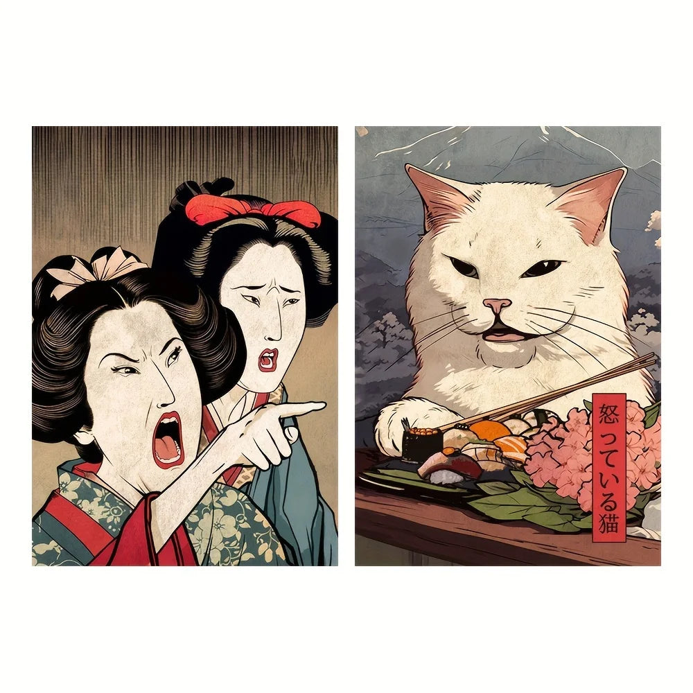 Modern Art, Abstract Japanese Woman and Cat Wall Art Canvas Painting, Ideal Gift for Bedroom Living Room Hallway, Wall Art