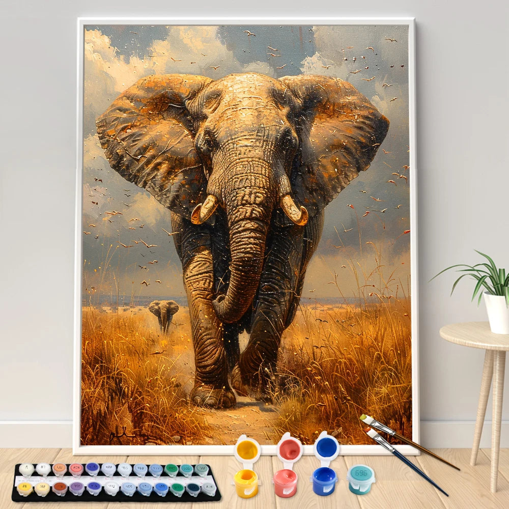Painting By Numbers Elephant On African Grassland Adult Acrylic Kit Seascape DIY Paint Canvas Artwork Art Gift Home Decorate
