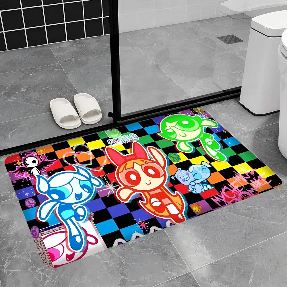 Cute Powerpuffs-Girls Classic Anime Long Rugs Nordic Style Home Doormat Bathroom-Toilet Mats Bedroom Bedside Area Rugs