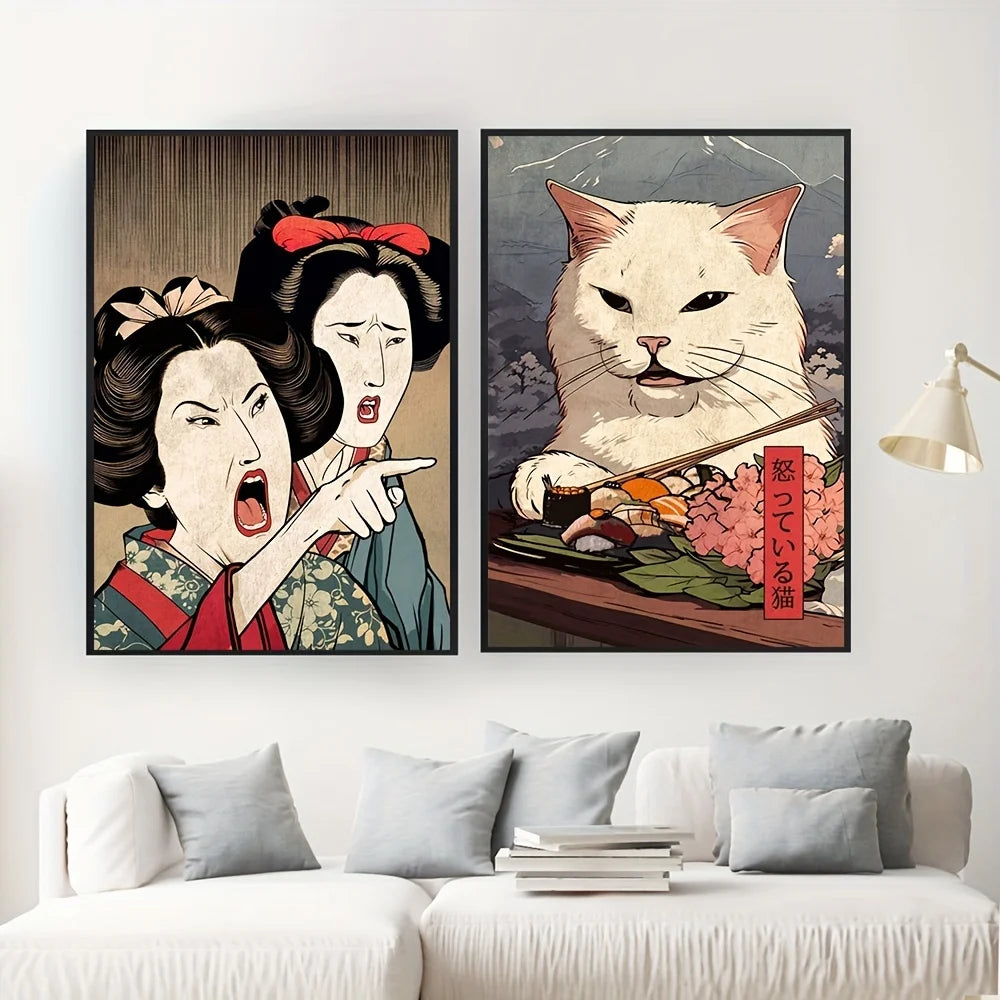 Modern Art, Abstract Japanese Woman and Cat Wall Art Canvas Painting, Ideal Gift for Bedroom Living Room Hallway, Wall Art