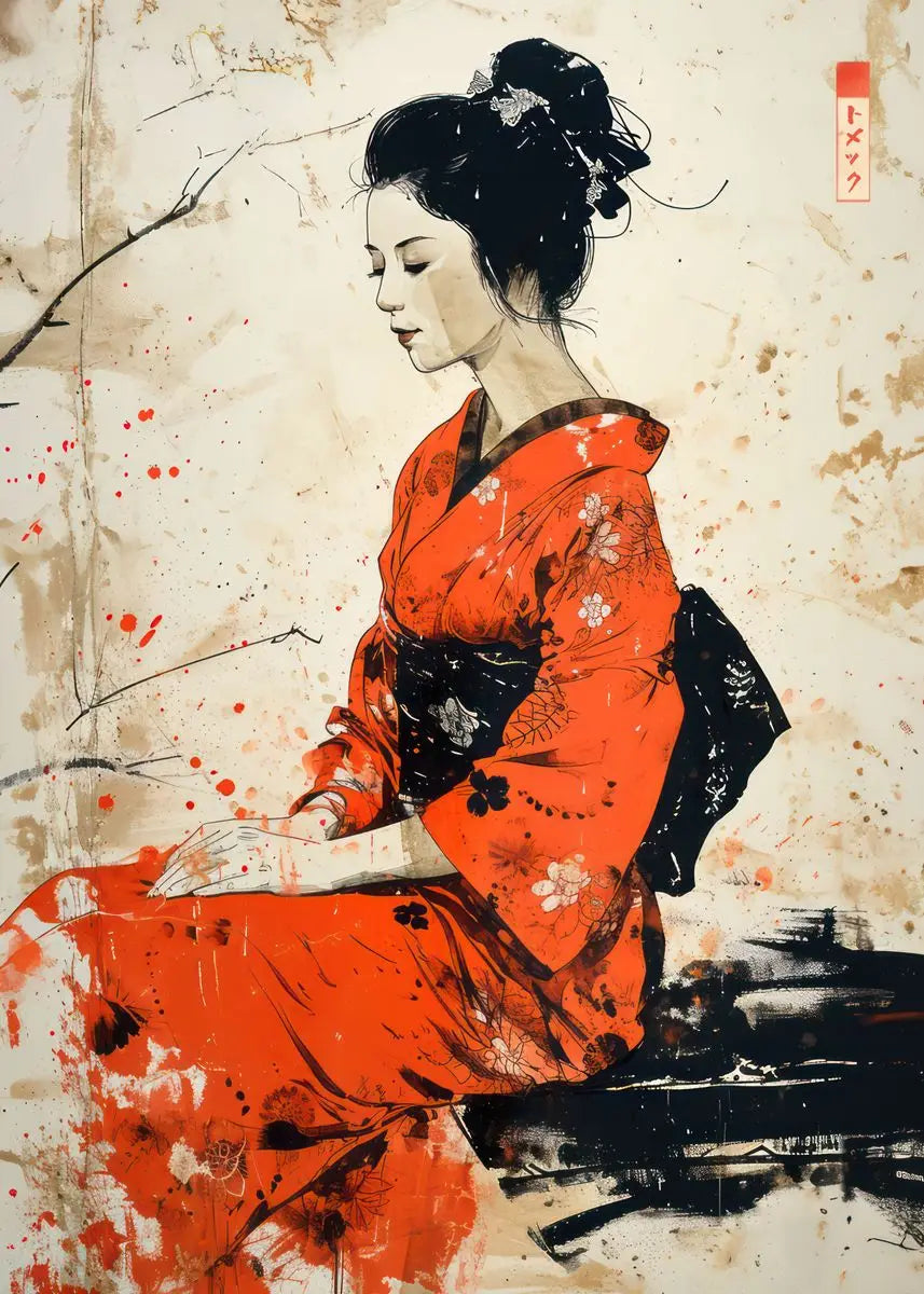 Sumie Japanese Ink Paint Poster River Torii Gate Sitting Geisha Canvas printing wall decoration painting For Home Living Room