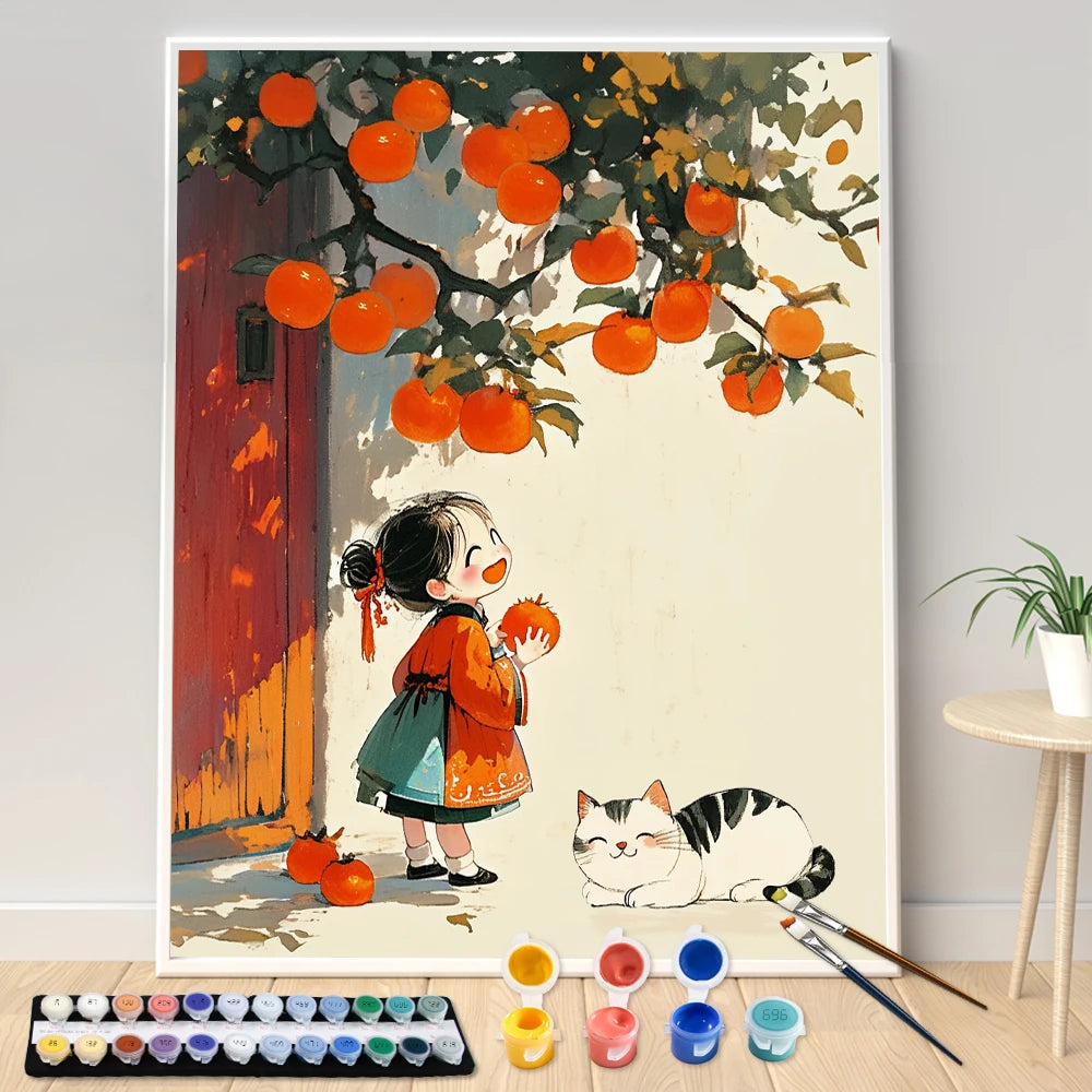 Hand Painting Little Girl Under The Persimmon Tree Landscape Painting By Numbers Kit DIY Artwork Canva Art Home Decoration Gift