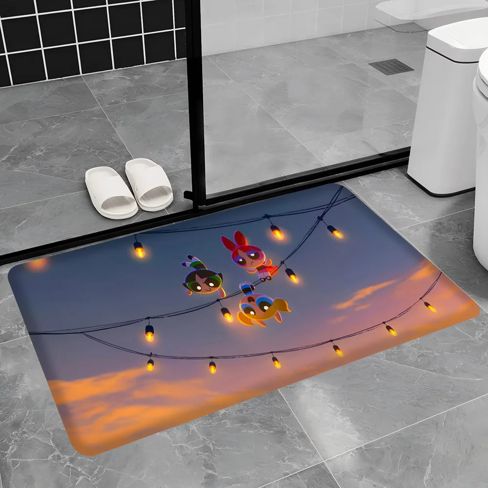 Cute Powerpuffs-Girls Classic Anime Long Rugs Nordic Style Home Doormat Bathroom-Toilet Mats Bedroom Bedside Area Rugs