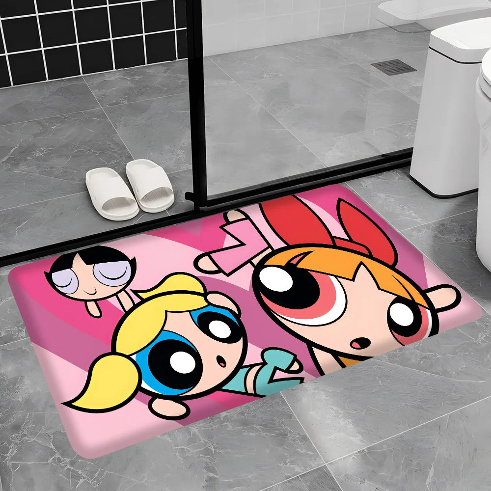 Cute Powerpuffs-Girls Classic Anime Long Rugs Nordic Style Home Doormat Bathroom-Toilet Mats Bedroom Bedside Area Rugs