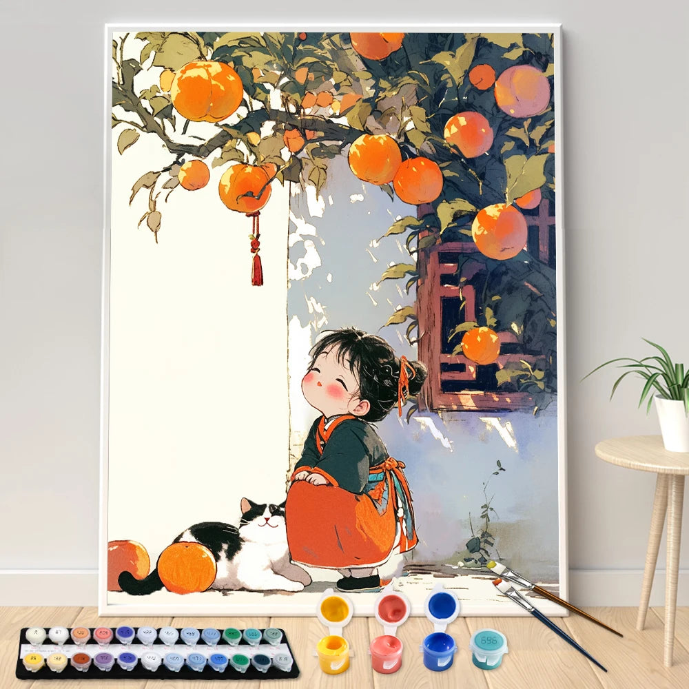 Hand Painting Little Girl Under The Persimmon Tree Landscape Painting By Numbers Kit DIY Artwork Canva Art Home Decoration Gift
