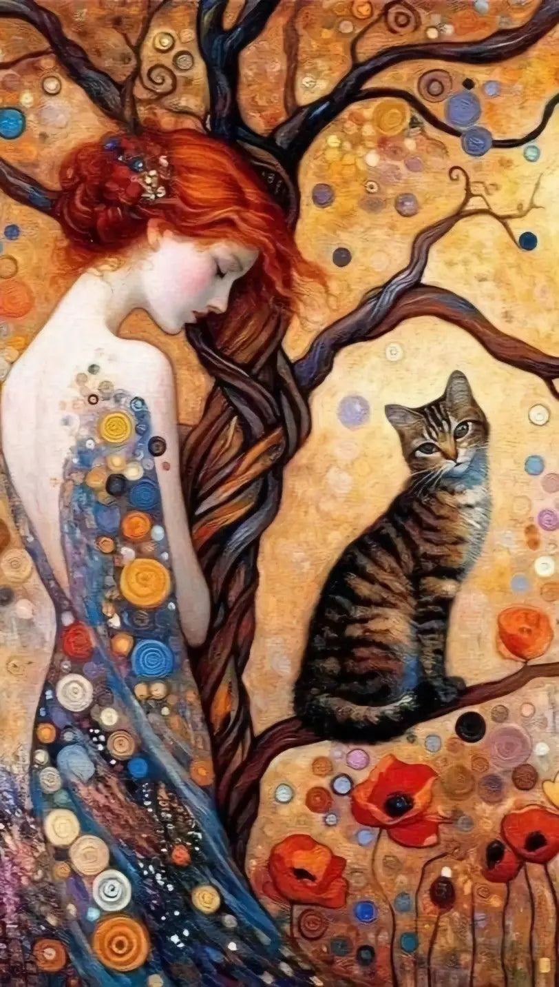 Abstract Woman And Cat Canvas Painting Wall Art Gustav Klimt Art Elegant Girl Poster Prints For Office Living Room Home Decor