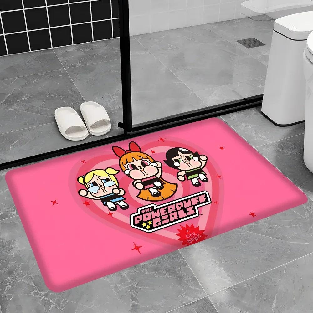 Cute Powerpuffs-Girls Classic Anime Long Rugs Nordic Style Home Doormat Bathroom-Toilet Mats Bedroom Bedside Area Rugs