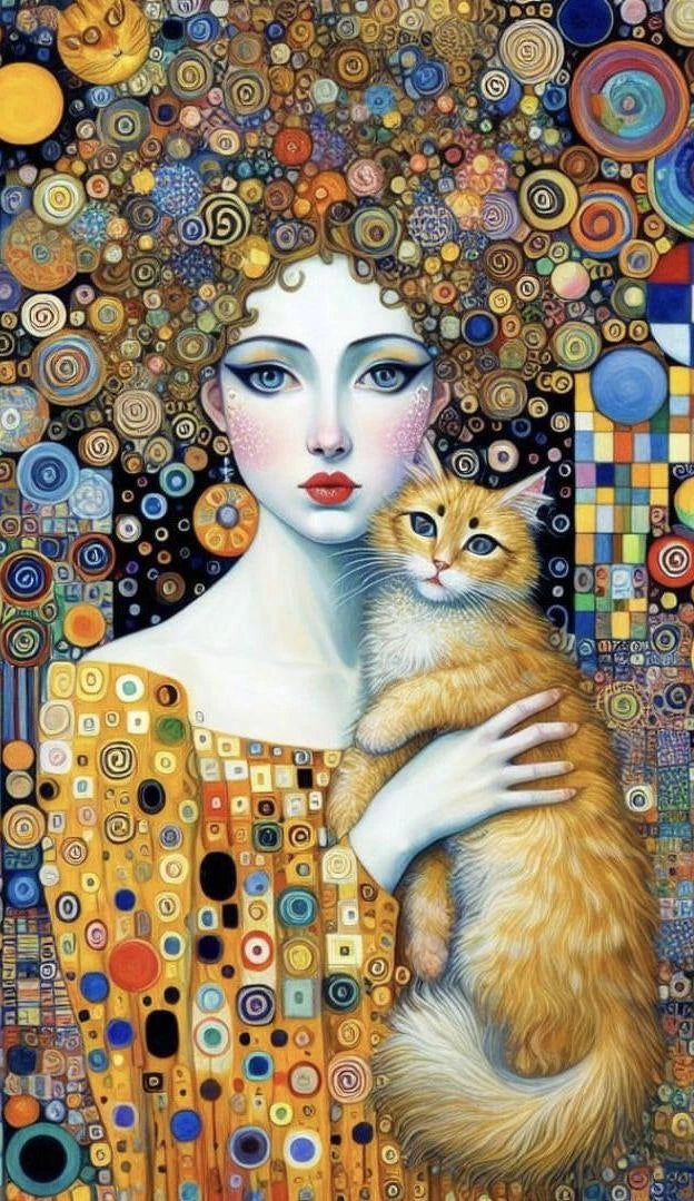 Abstract Woman And Cat Canvas Painting Wall Art Gustav Klimt Art Elegant Girl Poster Prints For Office Living Room Home Decor