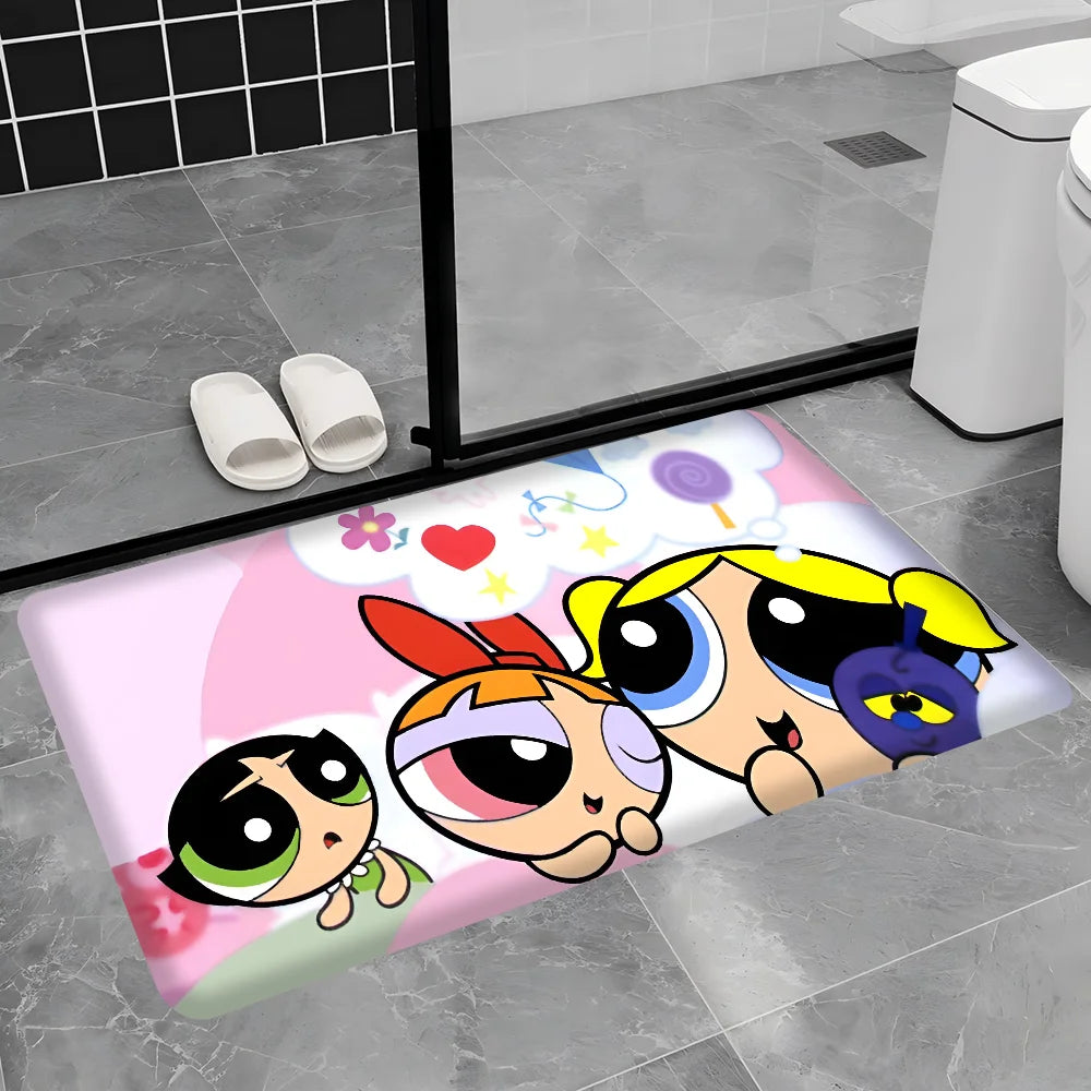 Cute Powerpuffs-Girls Classic Anime Long Rugs Nordic Style Home Doormat Bathroom-Toilet Mats Bedroom Bedside Area Rugs