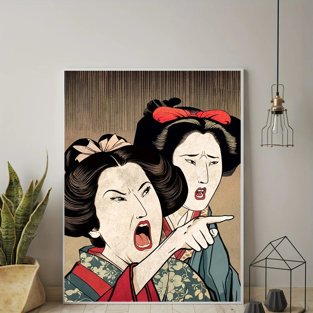 Modern Art, Abstract Japanese Woman and Cat Wall Art Canvas Painting, Ideal Gift for Bedroom Living Room Hallway, Wall Art