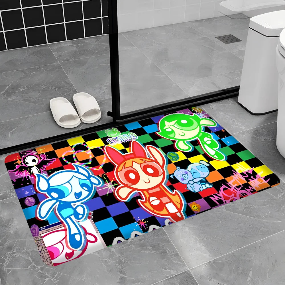 Cute Powerpuffs-Girls Classic Anime Long Rugs Nordic Style Home Doormat Bathroom-Toilet Mats Bedroom Bedside Area Rugs