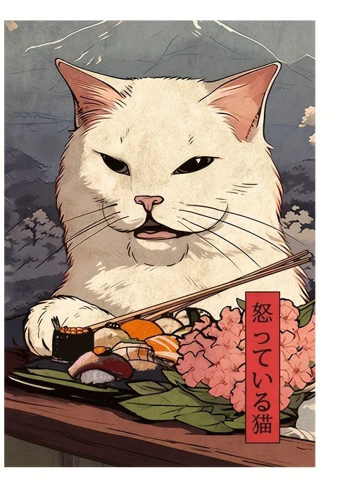 Modern Art, Abstract Japanese Woman and Cat Wall Art Canvas Painting, Ideal Gift for Bedroom Living Room Hallway, Wall Art