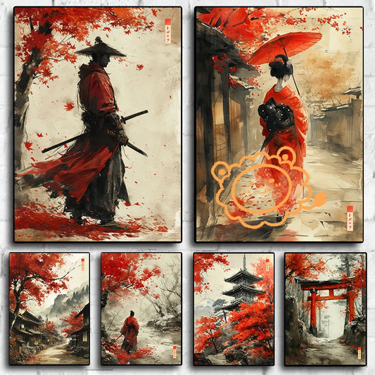Sumie Japanese Ink Paint Poster River Torii Gate Sitting Geisha Canvas printing wall decoration painting For Home Living Room