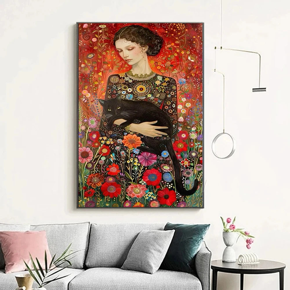 Abstract Woman And Cat Canvas Painting Wall Art Gustav Klimt Art Elegant Girl Poster Prints For Office Living Room Home Decor