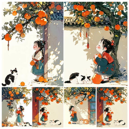 Hand Painting Little Girl Under The Persimmon Tree Landscape Painting By Numbers Kit DIY Artwork Canva Art Home Decoration Gift