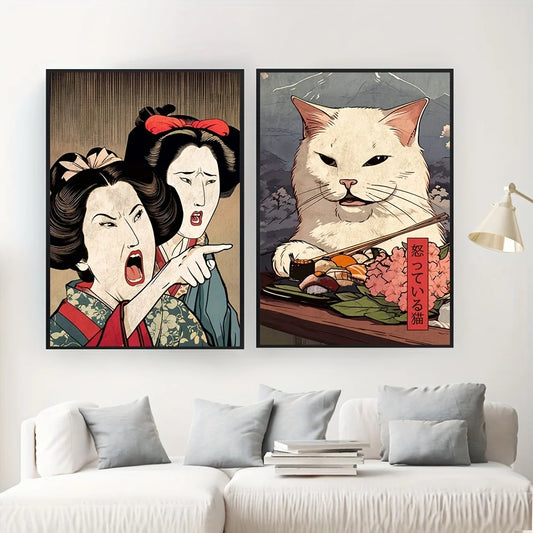 Modern Art, Abstract Japanese Woman and Cat Wall Art Canvas Painting, Ideal Gift for Bedroom Living Room Hallway, Wall Art