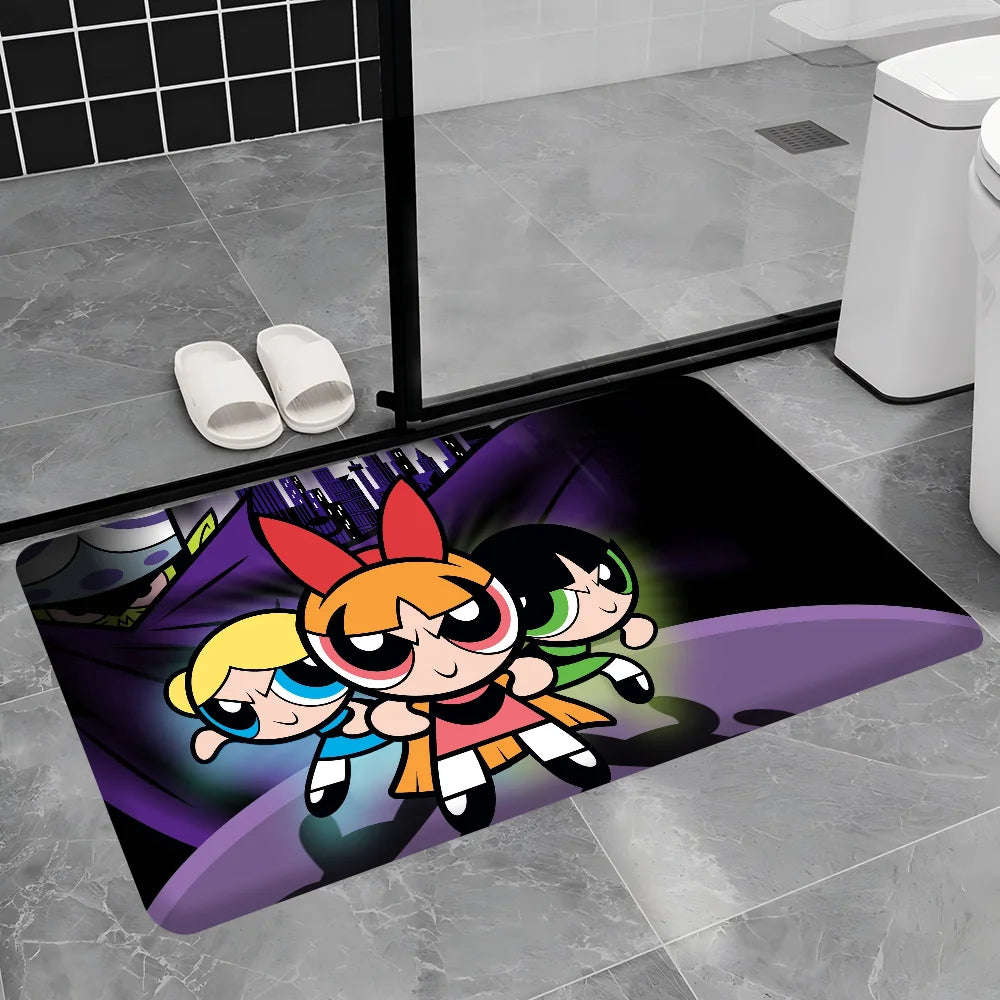 Cute Powerpuffs-Girls Classic Anime Long Rugs Nordic Style Home Doormat Bathroom-Toilet Mats Bedroom Bedside Area Rugs