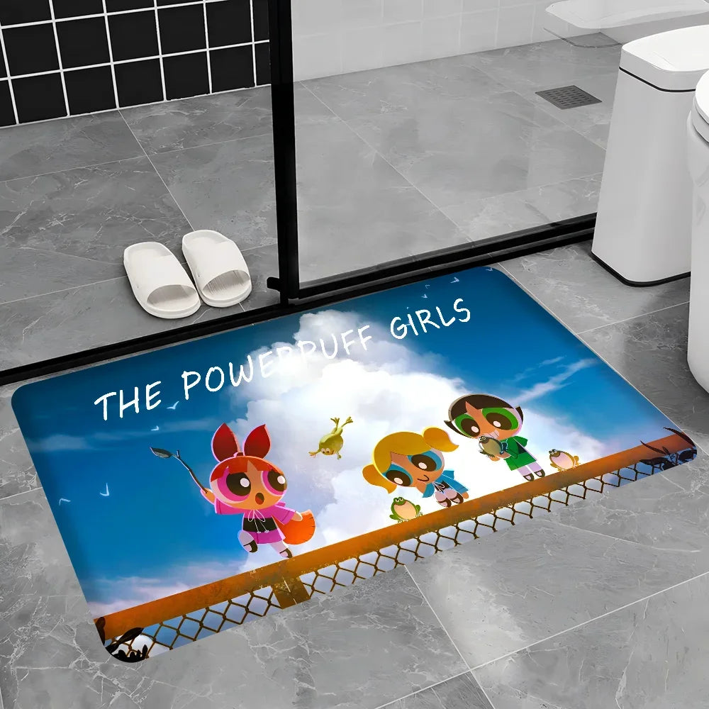 Cute Powerpuffs-Girls Classic Anime Long Rugs Nordic Style Home Doormat Bathroom-Toilet Mats Bedroom Bedside Area Rugs