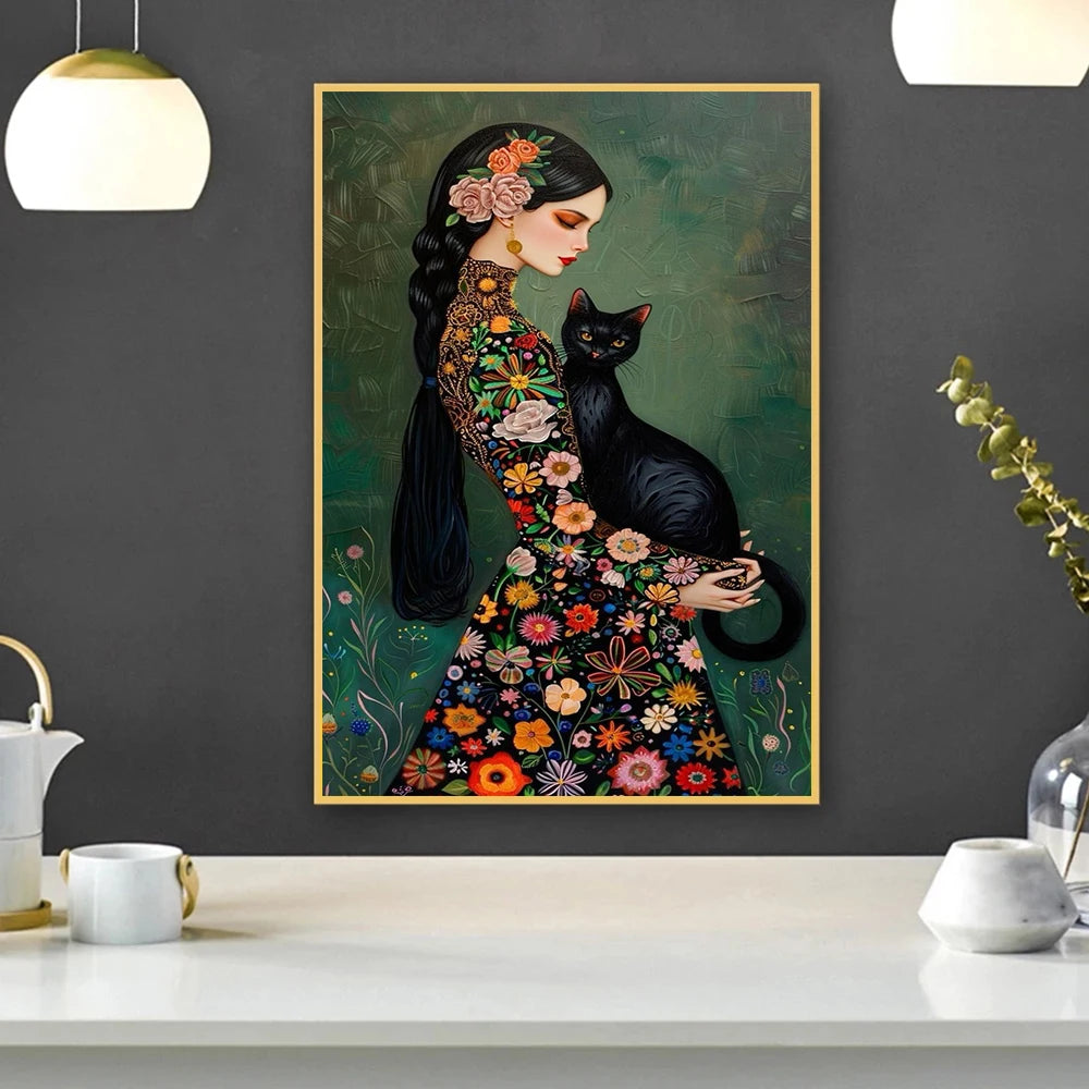 Abstract Woman And Cat Canvas Painting Wall Art Gustav Klimt Art Elegant Girl Poster Prints For Office Living Room Home Decor