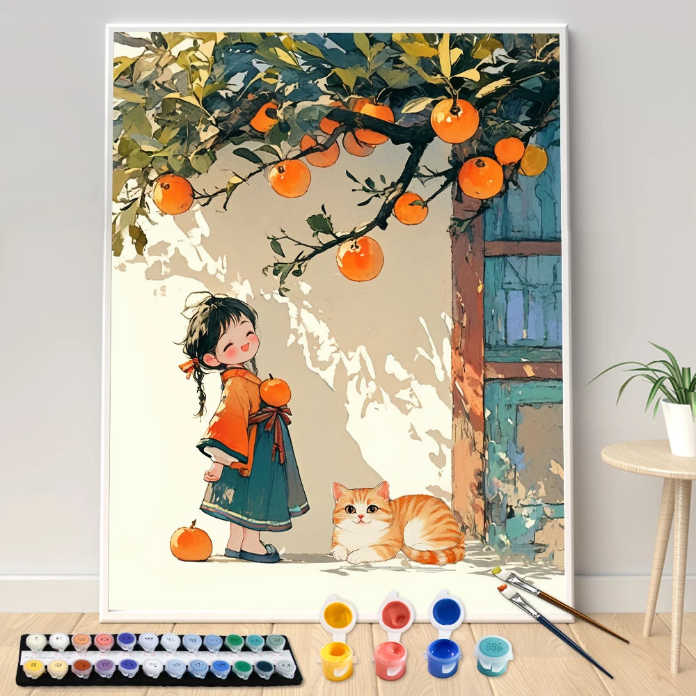 Hand Painting Little Girl Under The Persimmon Tree Landscape Painting By Numbers Kit DIY Artwork Canva Art Home Decoration Gift