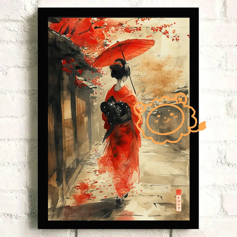 Sumie Japanese Ink Paint Poster River Torii Gate Sitting Geisha Canvas printing wall decoration painting For Home Living Room