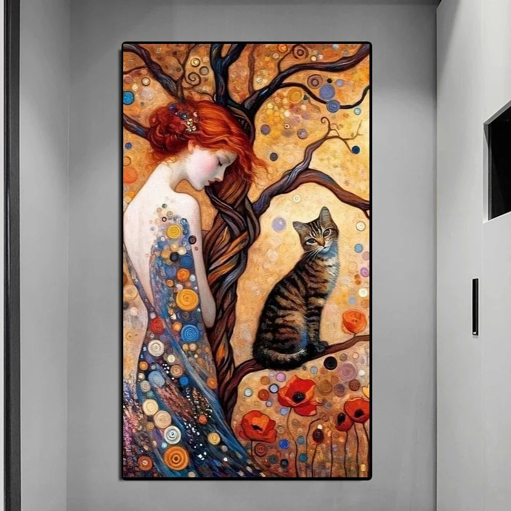 Abstract Woman And Cat Canvas Painting Wall Art Gustav Klimt Art Elegant Girl Poster Prints For Office Living Room Home Decor
