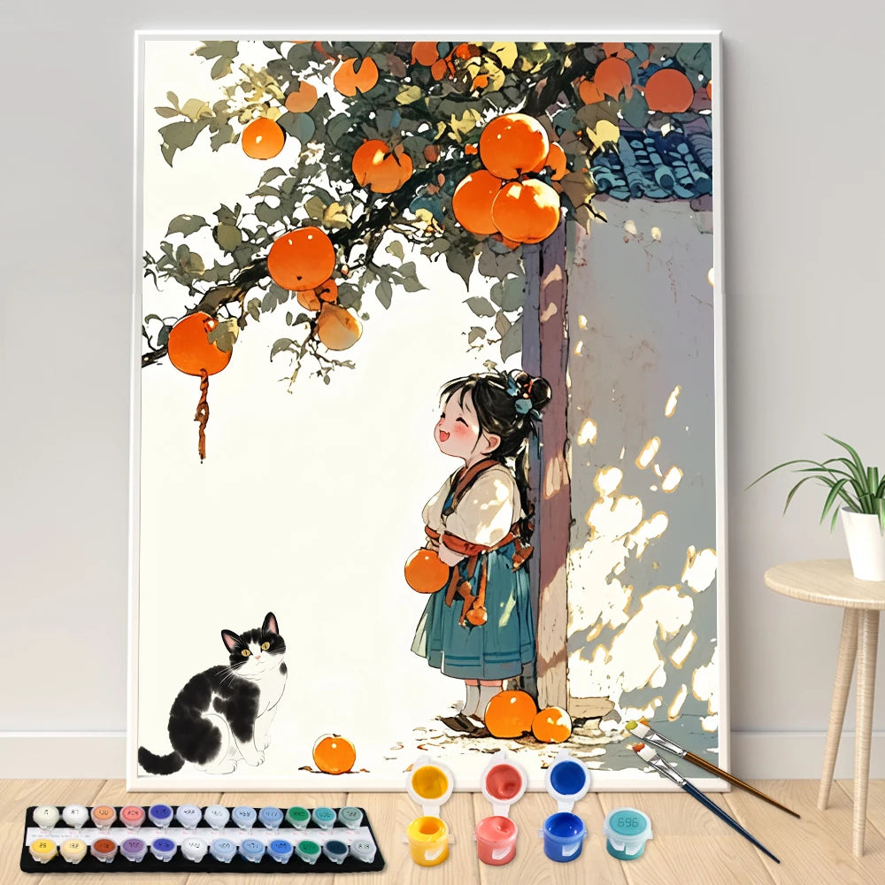 Hand Painting Little Girl Under The Persimmon Tree Landscape Painting By Numbers Kit DIY Artwork Canva Art Home Decoration Gift