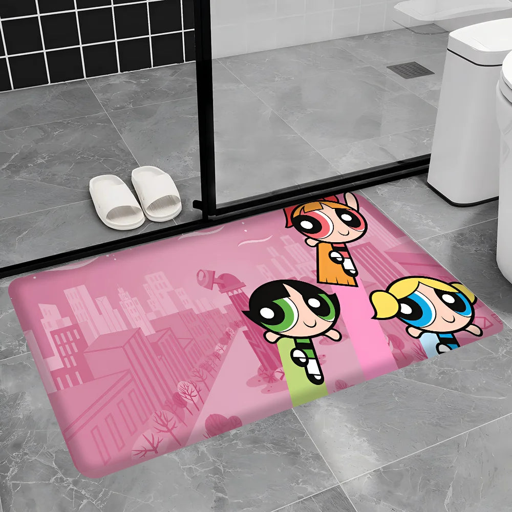 Cute Powerpuffs-Girls Classic Anime Long Rugs Nordic Style Home Doormat Bathroom-Toilet Mats Bedroom Bedside Area Rugs