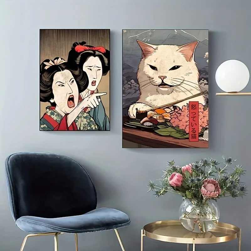 Modern Art, Abstract Japanese Woman and Cat Wall Art Canvas Painting, Ideal Gift for Bedroom Living Room Hallway, Wall Art
