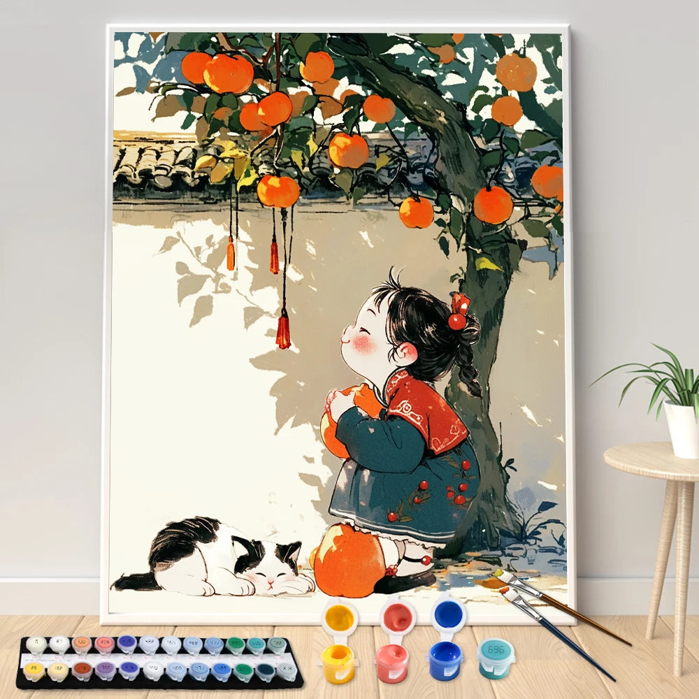 Hand Painting Little Girl Under The Persimmon Tree Landscape Painting By Numbers Kit DIY Artwork Canva Art Home Decoration Gift