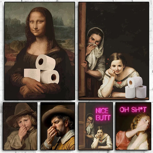 Vintage Funny Bathroom Toilet Meme Art Decor Painting Canvas Wall Art Picture Funny Portrait Mona Lisa with Toilet Paper Posters